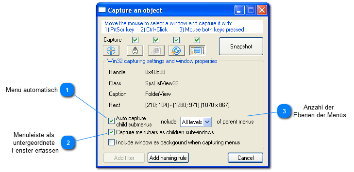 Fenster aufnehmen Dialog: Win32 Einstellungen